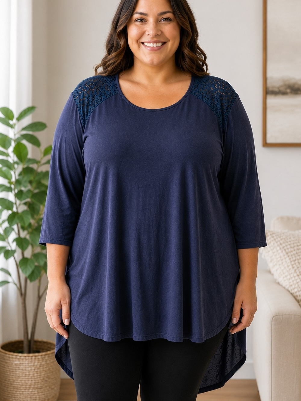 French Laundry 2X Navy Blue High Low Tunic Top Lace Yoke 3/4 Sleeve Plus Size